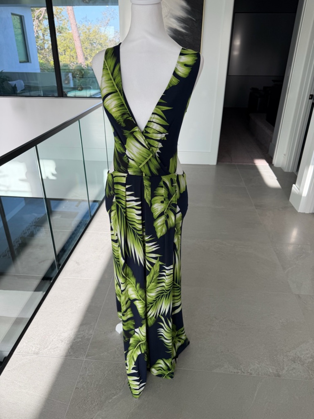 Tropical Leaf Wrap Maxi Dress - Navy Blue & Green - size M